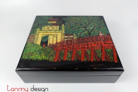 Black rectangular lacquer box carved The Huc bridge with 8 partitions 27*30cm